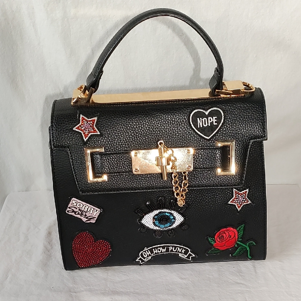Aldo Black Satchel with Colorful Patches star heart rose punk eye